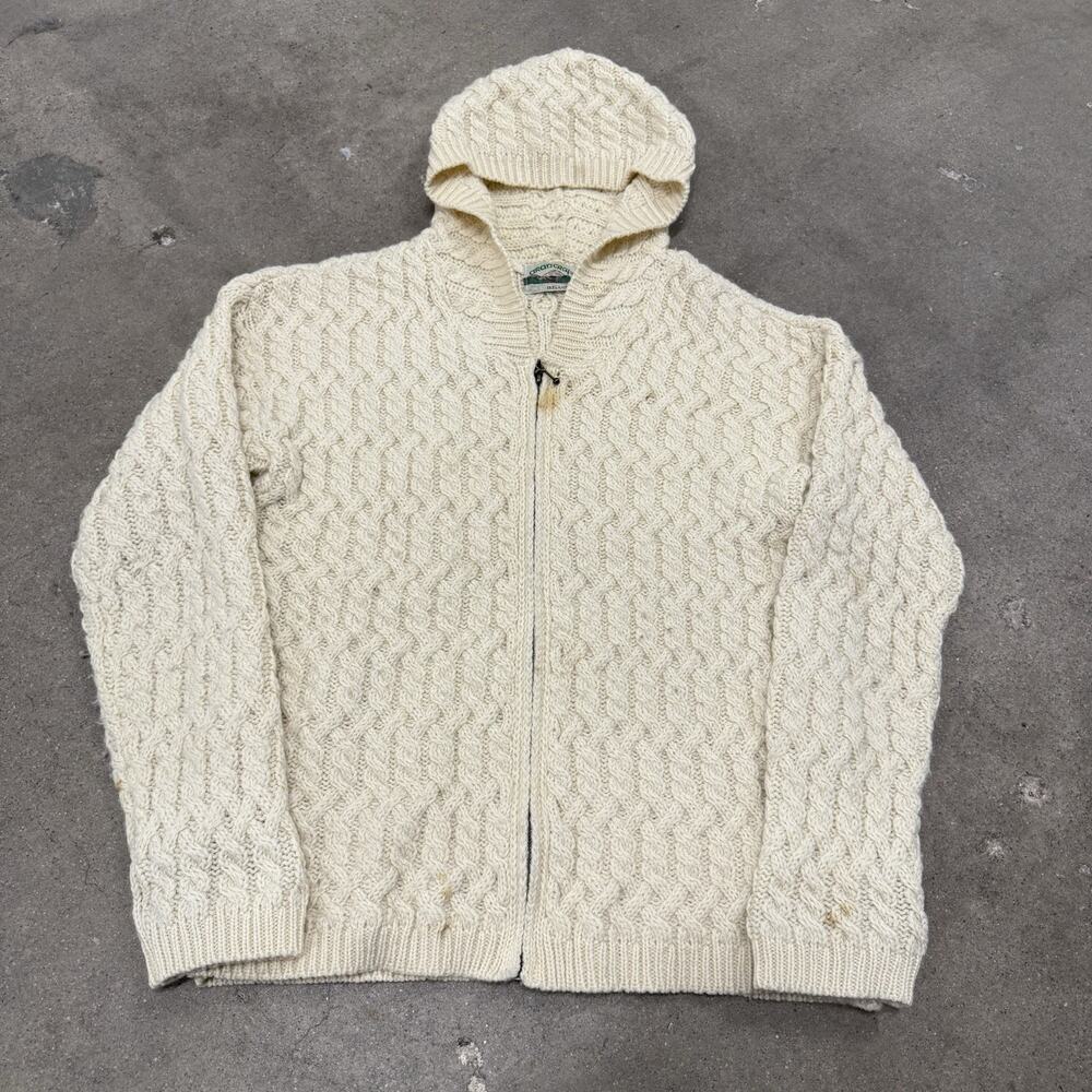 Vintage Aran Crafts Wool Zip Up Hood Sweater Cable Fisherman Ivory Womens XL